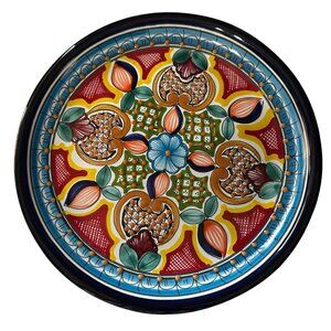 Talovera Mexico Santa Fe blue floral hand painted 12” hanging plate lead free